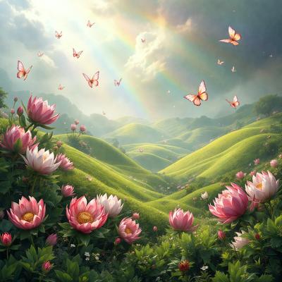 The primary subject of the image is a beautiful, lush green field filled with a variety of flowers, including pink and white ones. The field is surrounded by a serene, cloudy sky, creating a peaceful and picturesque scene. The visual style of the image is a digital art or illustration, with the flowers and the sky depicted in vibrant colors, adding a sense of warmth and tranquility to the overall atmosphere.